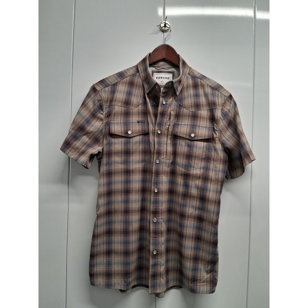 Poncho Outdoors Slim Fit Plaid Western Snap Shirt Mens S Brown Blue Technical
